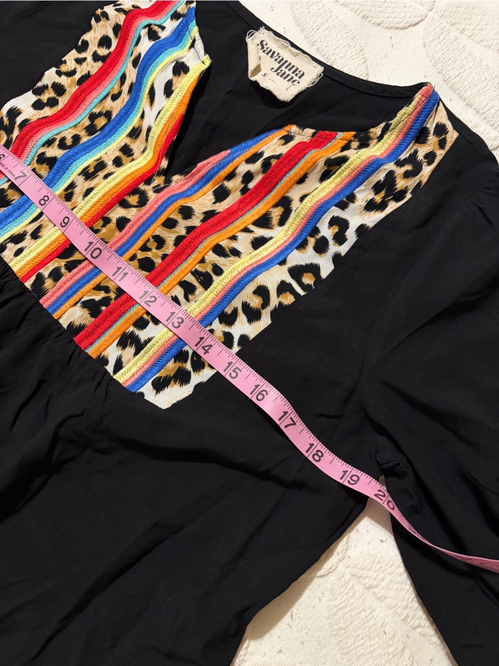 Like new Savanna Jane Black Blouse. Multicolor Embroidered Leopard Yoke Size S - Picture 8 of 9